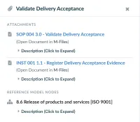 The panel of the activity Validate Delivery Acceptance: under Attachments, the procedure SOP 004 3.0 and the instruction INST 001 1.1, each with Open Document in M-Files, and under Reference Model Nodes the ISO 9001 clause 8.6 Release of products and services
