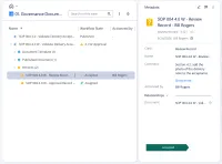 Vyn Governance Documents med arbetskopian av SOP 004 öppnad mot sina två poster, en granskningspost godkänd av granskaren och en godkännandepost tilldelad godkännaren, och granskningspostens kort bredvid med granskarens kommentar, personen som utförde den och arbetsflödesbandet på Accepted