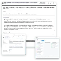 Tre skärmar ur VisualQMS: portalen för CAPA CAP-2026-004 med titel, beskrivning, omfattning, den non conformance den hör till och dess status; CAPA:ns metadatakort med QD-godkännaren Tina Smith och genomföraren Bill Rogers; och CAPA-tavlan med en kolumn per steg och genomförare och deadline på varje kort