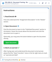 Another example: the training record POL 038 4.0 - Document Training open in a portal, with three numbered steps: Read Details, Open Document with a green Open Document button, and Mark as Learned. The workflow state at the bottom is Overdue.