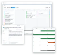 Three screens of VisualQMS: the CAPA board with a column per step and the implementor and deadline on every card, the metadata card of a recorded issue with its department, procedure and process activity, and a month calendar of internal audits