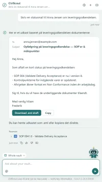 The AI chat asked, in Danish, for a status e-mail about the delivery acceptance. It shows the draft with the recipient, the subject and three status points, a Download .eml draft button, and the procedure it drew on as its source