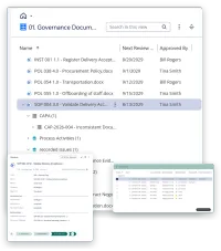 Two screens of VisualQMS: the Governance Documents view with the published procedures, their next review date and approver, and in front of it the working copy of SOP 004 at its approval step, with its editor, reviewer and approver and the workflow band at 4. For Approval