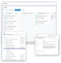 Three screens of VisualQMS: the statements of ISO 9001 listed as a tree, a CAPA board with each CAPA in the column of its workflow state, and the metadata card of one CAPA with its scope, its non conformance and its description