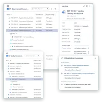 Three screens of VisualQMS: the Governance Documents view with the published procedures and their metadata card, the statements of ISO 9001 as a tree with 7.2 Competence selected, and the panel of an activity on the process map with its procedure, instruction and the clause it answers