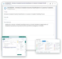 Tre skärmar ur VisualQMS: ändringsförfrågan CR-2026-001 i sin portal med titel, beskrivning, omfattning, klassificering, prioritet och processägare och arbetsflödet på 6. Verified; granskningsposterna för en dokumentversion, en per granskare med deras kommentar och godkännande eller avslag; och tavlan över ändringsförfrågningar med en kolumn per steg