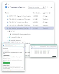 Three screens of VisualQMS: the Governance Documents view with the published procedures, their next review date and approver, a person's training record with the portal that spells out the steps, and the version history of a procedure with every version, who changed it and the state it was in