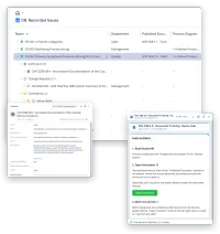Two screens of VisualQMS: the recorded issue Delivery Acceptance Evidence Missing opened to the CAPA, the change request, the process diagram, the published procedure and the people linked to it, and in front of it the CAPA's metadata card