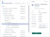 The statements of ISO 9001 listed as a tree, with 7 Support opened, 7.2 Competence expanded to the three documents linked to it, SOP 004 selected, and its metadata card beside the tree showing the approver, the dates and the next review date