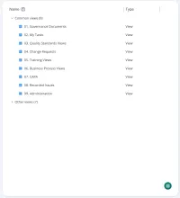 The Views home in M-Files with the VisualQMS views: Governance Documents, My Tasks, Quality Standards Views, Change Requests, Training Views, Business Process Views, CAPA, Recorded Issues and Administration, each a list built from the details on the records
