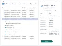 Vyn Governance Documents med publicerade policyer, rutiner och instruktioner, deras nästa granskningsdatum och godkännare i kolumner, SOP 004 öppnad mot den CAPA och det registrerade ärende som är kopplade till den, och dess metadatakort bredvid listan