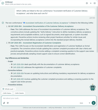 The AI chat in M-Files answering which CAPAs are linked to the non conformance Inconsistent Verification of Customer Delivery Acceptance and what each one fixes, with the two CAPAs named as links to their records
