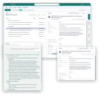 Three screens of VisualQMS: the Non Conformance view with five non conformances, one of them opened to its two CAPAs, and the CAPA's metadata card beside it; the AI assistant's answer to which CAPAs are linked to that non conformance and what each one fixes; and the CAPA's metadata card with the people in each role