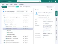 Kraven i ISO 9001 listade som ett träd, med 7 Support öppnat och 7.2 Competence markerat för att visa de dokument, processaktiviteter och CAPA:er som är kopplade till det, och dess metadatakort bredvid listan
