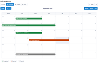 En månadskalender för september 2026 med veckonummer. Tre genomförda revisioner, en pågående från den 23:e till den 25:e, och en planerad revision av risker och möjligheter den 6–8 oktober, i samma färger.