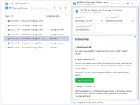 One person's training records listed on the left with their state, the overdue record for POL 038 4.0 selected, and on the right its portal that spells out three steps, Read details, Open document and Mark as learned, with a button that opens the document