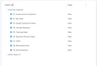 Startsidan för vyer i VisualQMS med de gemensamma vyerna listade, bland dem Governance Documents, My Tasks, Quality Standards Views, Change Requests, Training Views, Business Process Views, CAPA och Recorded Issues
