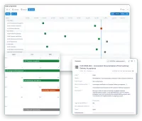 Three screens of VisualQMS: a year plan of internal audits on one timeline under their lead auditors, green for completed, orange for ongoing and grey for planned, with a line at today; a month calendar with the same audits; and the metadata card of a CAPA with the people in each role