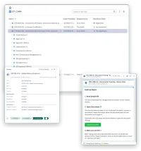 Two screens of VisualQMS: the CAPA view with CAP-2026-004 opened to the non conformance, the documents, the change request and the people linked to it, and in front of it the working copy of a procedure at its approval step, with its editor, reviewer and approver