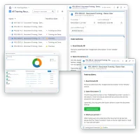 Three screens of VisualQMS: the All Training Records view with a person's training record opened beside it, a department's training overview with the overdue records and the people in the department, and the training record's portal with its three numbered steps and the Open Document button