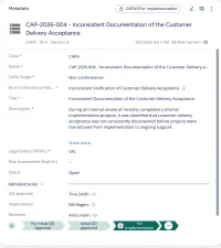 The metadata card of the CAPA CAP-2026-004, Inconsistent Documentation of the Customer Delivery Acceptance: its scope, the non conformance it belongs to, its description, status and legal entity, the people in each role, from QD approver and implementor to reviewer, and the workflow bar at For Implementation