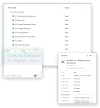 Three screens of VisualQMS: the Views home with the views of every module, the company's process landscape drawn in Elements.cloud, and the metadata card of a published procedure with its approver and next review date