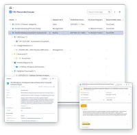 Three screens of VisualQMS: the Recorded Issues list with ISS-003 opened to everything it is linked to, its CAPA, its change request, a comment, the process activity 1.6 Deliver Products and Services, the published procedure SOP 004 3.0, who registered it and the person responsible; the issue's metadata card; and its portal with the state 1. Recorded, its description and who registered it