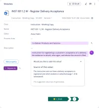 The metadata card of a document just pulled into VisualQMS, in Draft, with the AI's suggested process area and description shown in lilac boxes under the empty fields, a suggested Keywords property as a button, and a popover open on the description asking whether to add the value, with the source of the value and a note that it was AI-generated