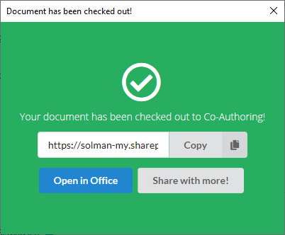 Screenshot showing the checked out to co-authoring confirmation message.