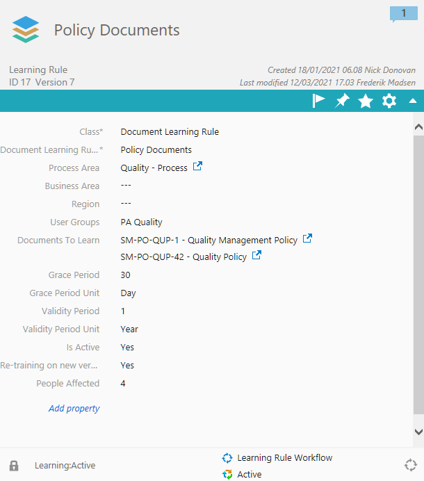 A screenshot of a Learning Rule for training management in Visual QMS